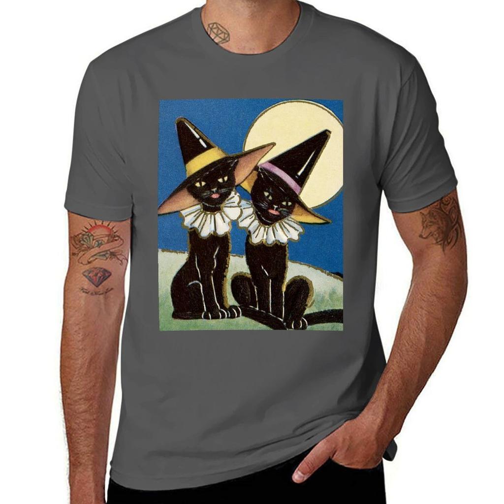 Halloween Vintage 2 Witchcats Tshirt Big Size Simple Tshirt