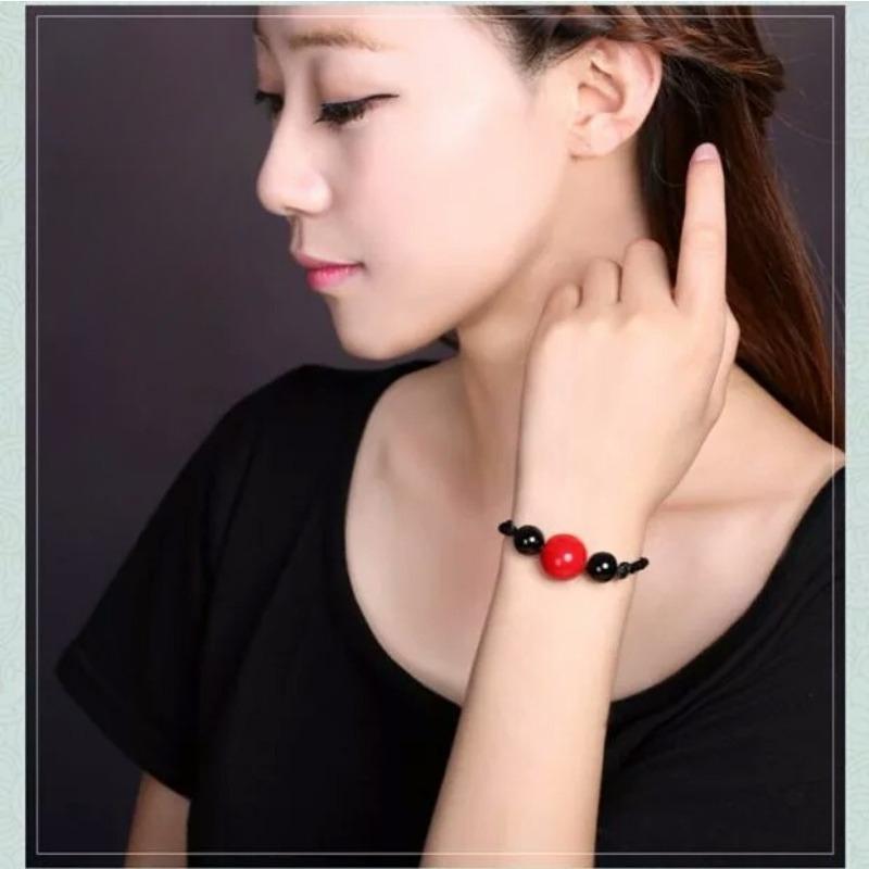 GEMCHIC Women's Vintage Ethnic Red Bean Glass Pendant Necklace Braided Rope Choker Collarbone Chain with Matching Earrings and Bracelet Set