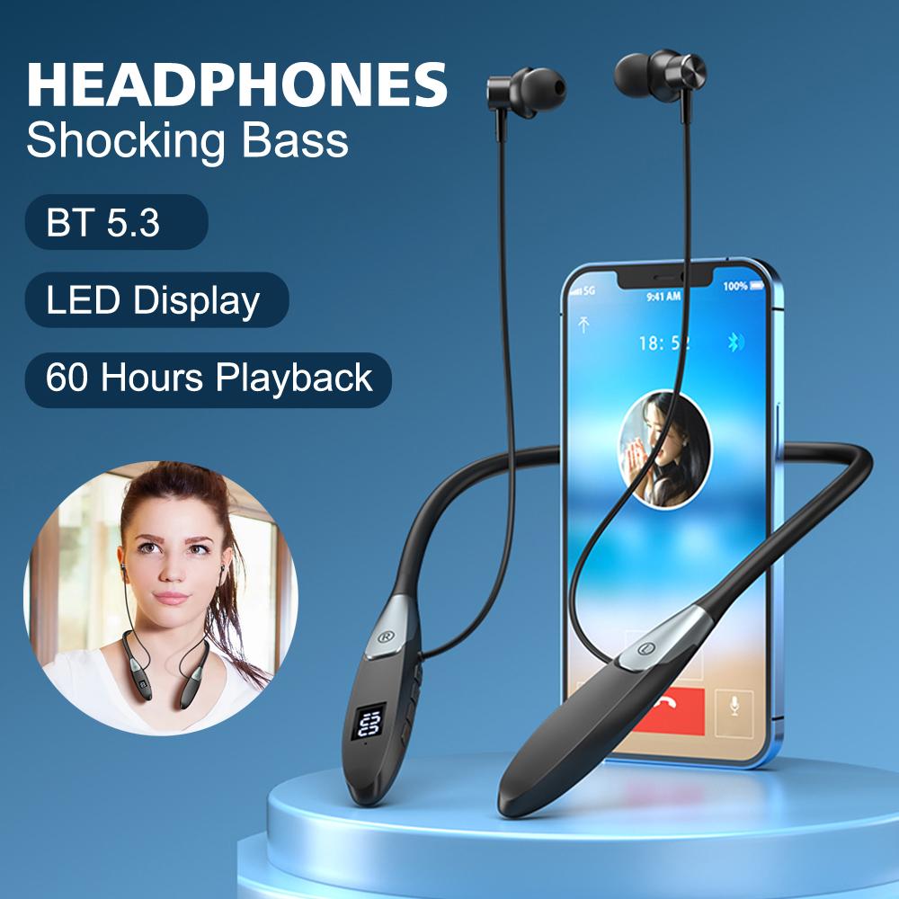 60 Hours Playback Wireless Bluetooth 5.3 Headphones Neckband Bass Stereo Sports Waterproof Headphones with Microphone