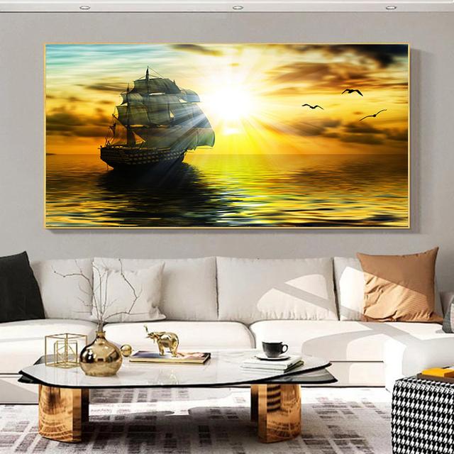 Landscape Pirates Ship Tropical Island Palm Tree Canvas Painting Posters and Prints Wall Art Pictures Living Room Decor No Frame