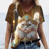 Summer Fashion Cartoon Cat Print 3D Personality Printed T-shirt Women's Loose Comfortable Soft Breathable V-neck Short Sleeved T-shirt