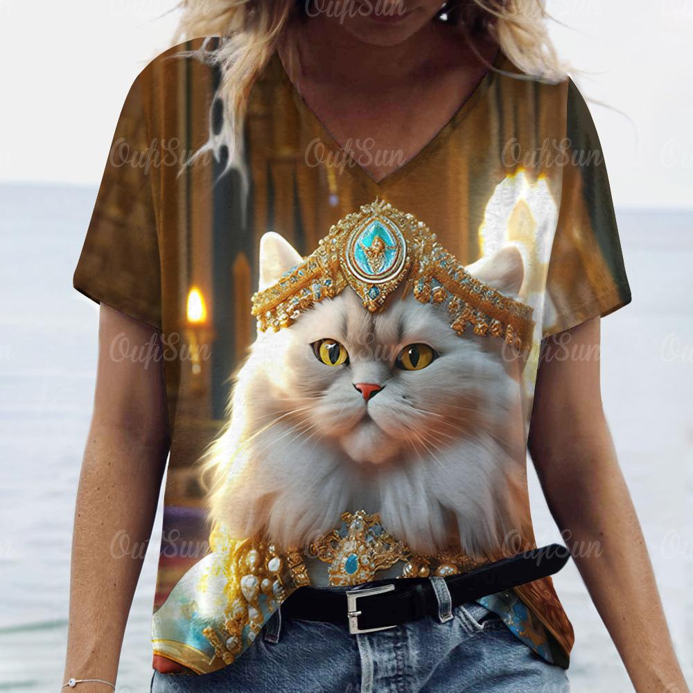 Summer Fashion Cartoon Cat Print 3D Personality Printed T-shirt Women's Loose Comfortable Soft Breathable V-neck Short Sleeved T-shirt