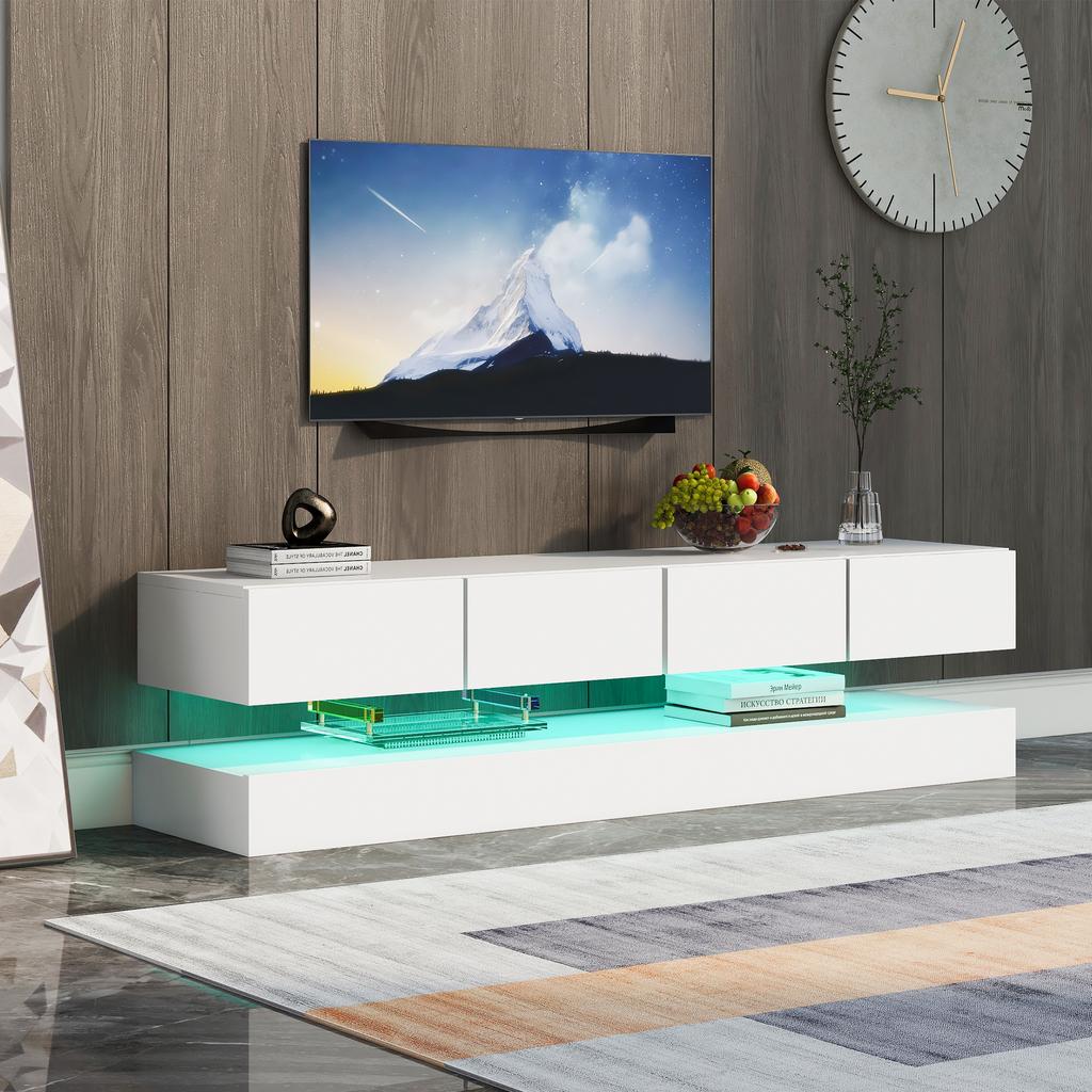 LED TV Lowboard, Wall-Mounted TV Cabinet, Furniture with 2 Cabinets and 4 Large Drawers, LED Lighting Wall Cabinet for up to 55 Inch White 130*33*15cm