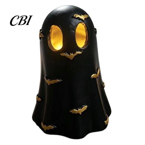 Warm LED Bedside Lamp Halloween Ghost Decoration, Cute Light Up Figurine, Spooky Resin Niche Home Decor Statue with for Shelf Mantel Indoor