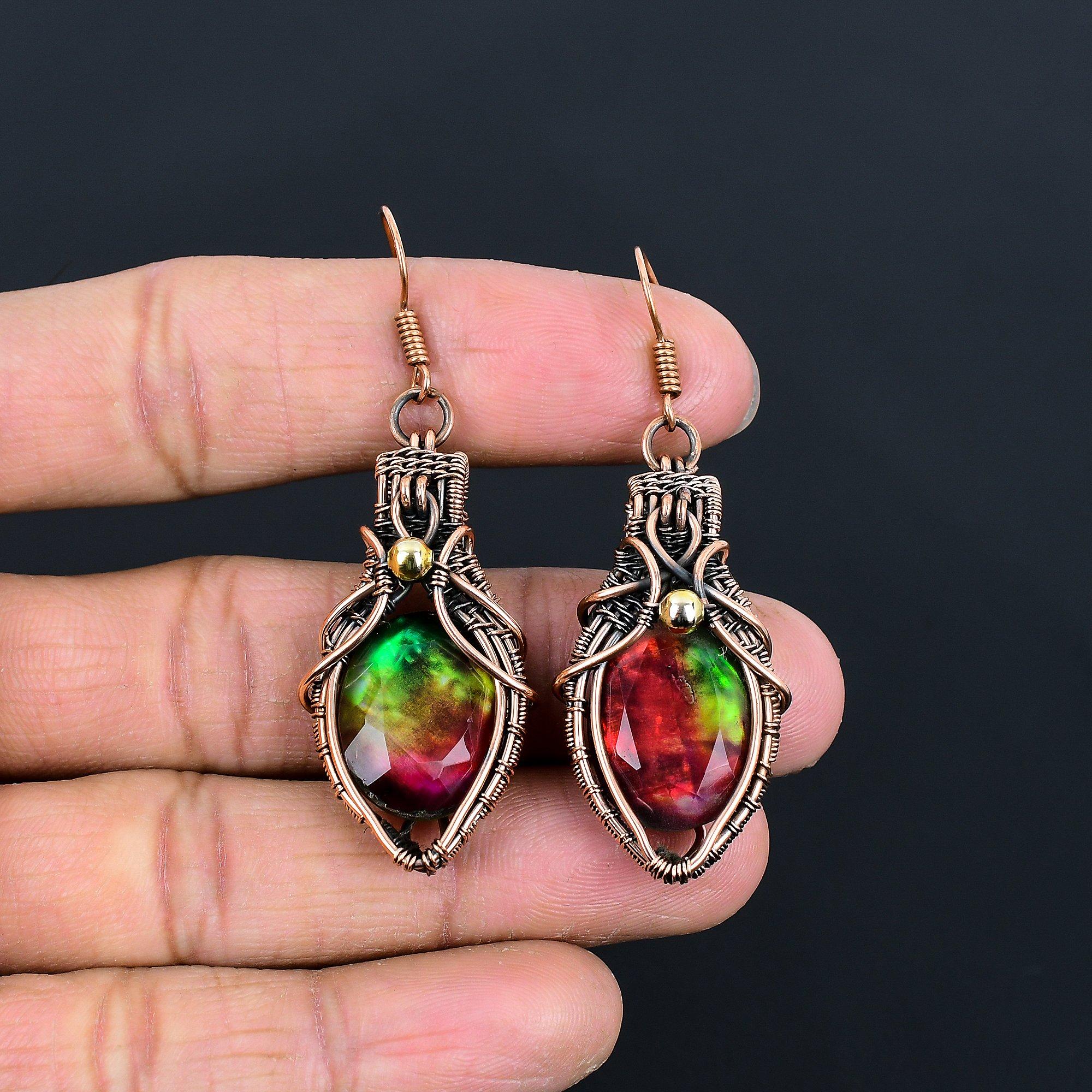 

Серьги с аммолитом, Ювелирные изделия из драгоценных камней, Серьги ручной работы, обернутые медной проволокой 999 пробы, Ювелирные изделия новейшего дизайна 2.55 Inches