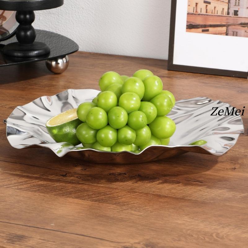 European Style Circle Water Ripples Shape Fruit Plate,Silver Stainless Steel Plate Home Food Tray,Snack Disc Table Decoration
