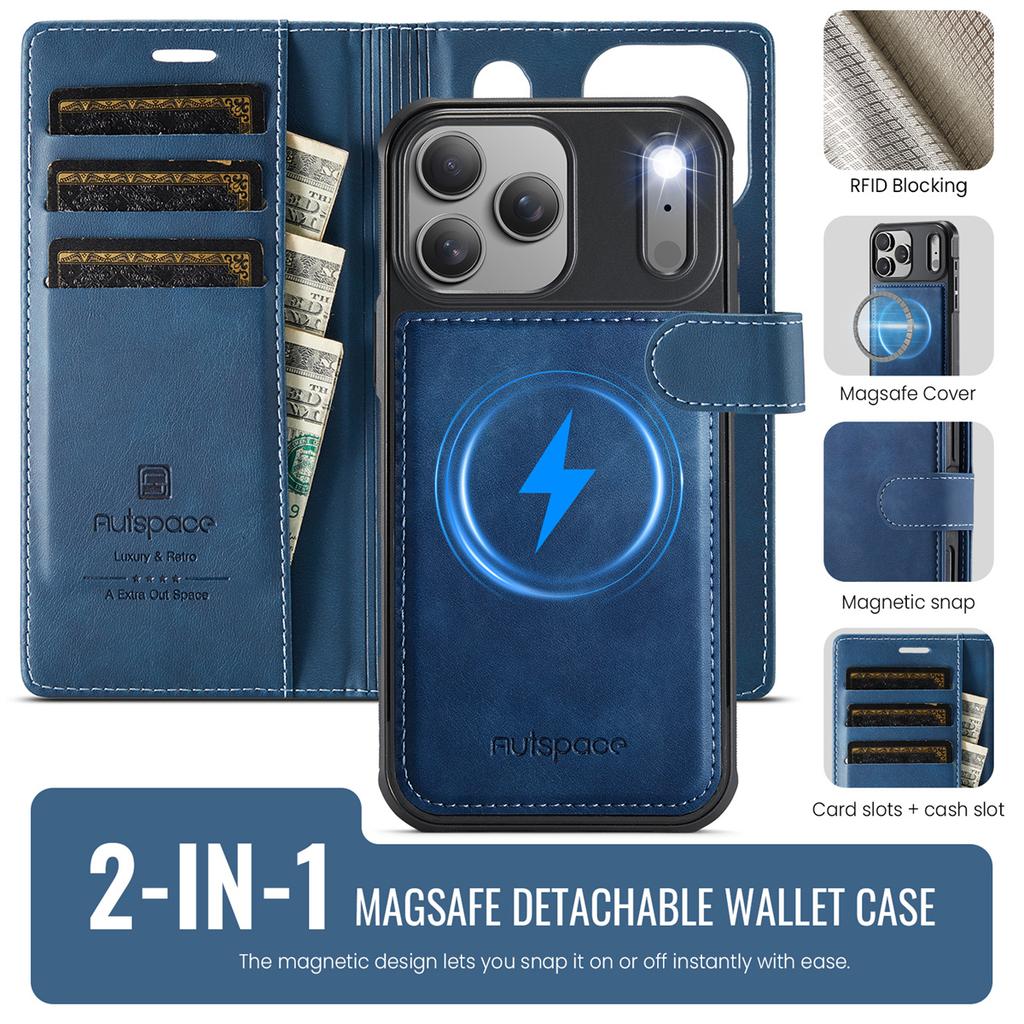 2-in-1 Magnetic Magnetic Detachable Wallet Case for iPhone 17/17 Pro/17 Max/17 Air - PU Leather, Card Slots, MagSafe Charging, 360° Protection