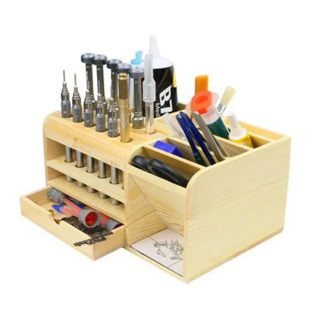 Wooden Multifunctional Storage Box Screwdriver Tweezers Multi Compartments Desktop Stationary Small Pens Markers Brushes Tools