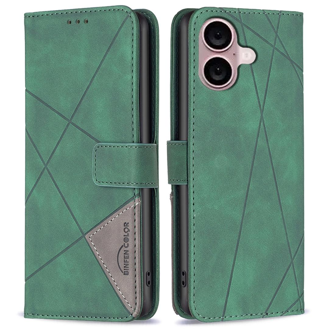 

For iPhone 16 Plus Phone Cases Wallet Stand Geometry Imprint Leather Cover Green