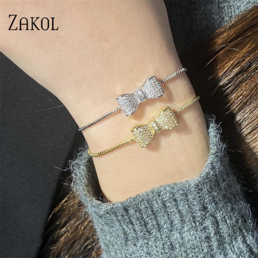 ZAKOL Fashion Bow Zirconia Crystal  Adjustable Bracelet & Bangle for Women Brilliant CZ Party Zircon