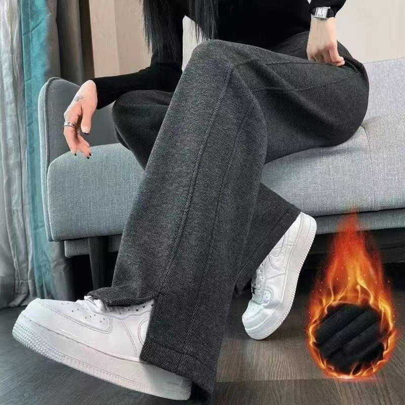 Plus Size Women's Fleece-Lined Wool Blend Split Wide-Leg Pants