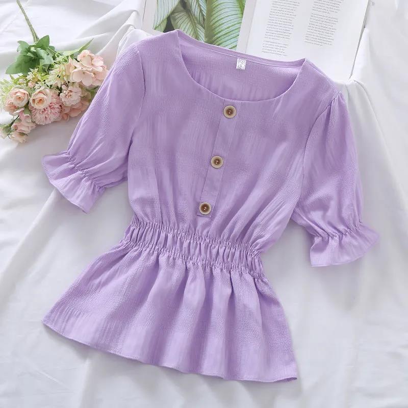 Summer Blouse Tunic Pleated Shirt All-match Solid Color Casual Blouse for Women