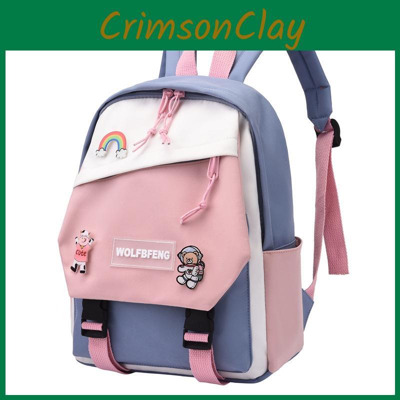 Blocked Simple Color Children Backpack Student  With Cartoon Badge School For