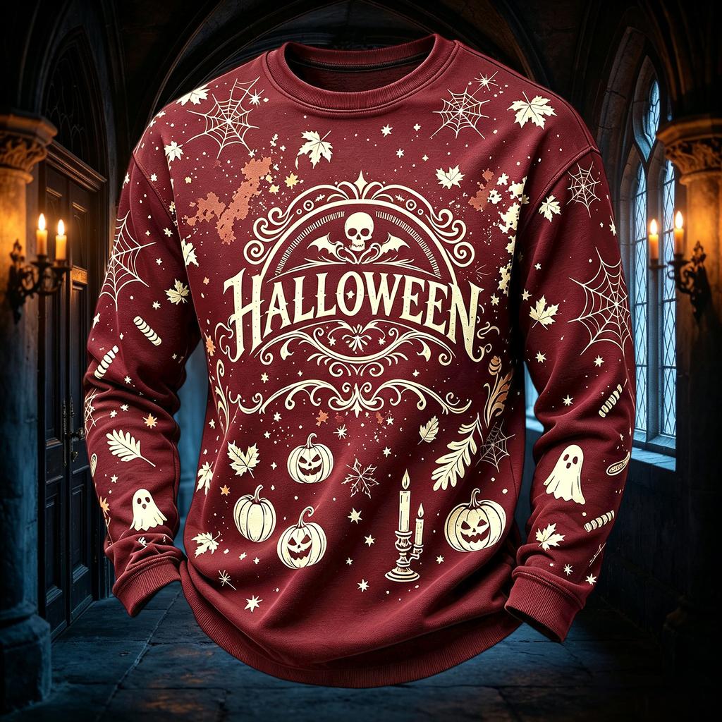 Men's Casual Round Neck Long Sleeve Top with Halloween Print