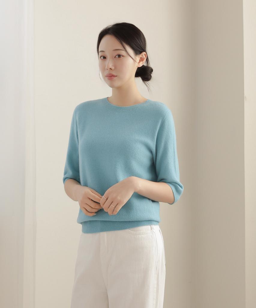 Keulleiseu 100% Wool Round Neck Raglan 3/4 Sleeve Knit_Light Purple