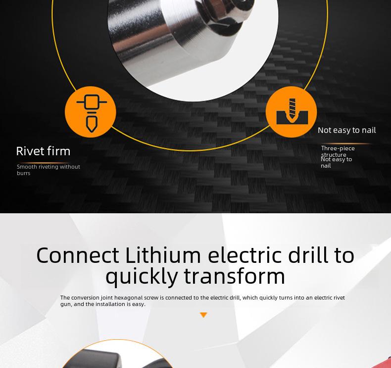 Adaptor pistol electric cu acumulator pentru piulițe nituibile și accesorii pentru scule de nituit