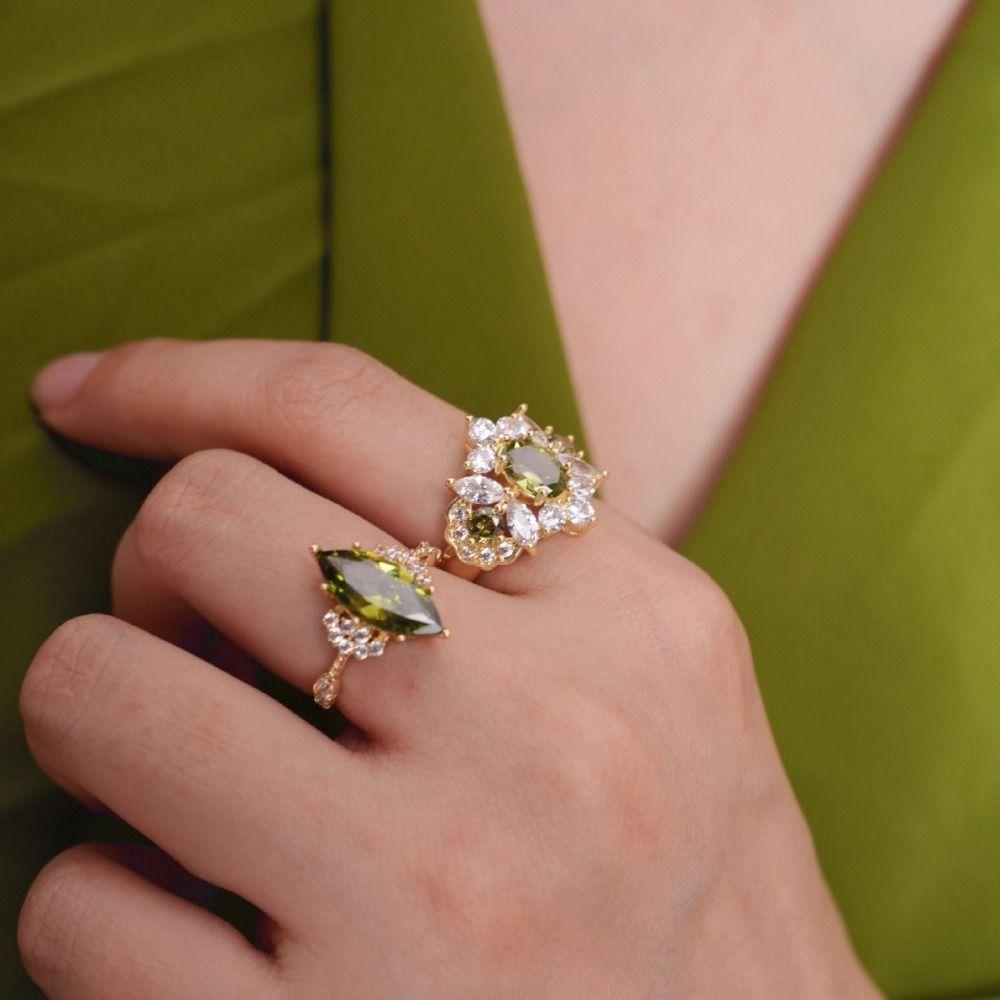 Exquisite Vintage Zircon Rings Adjustable Shining Rings Stylish Green Rhinestone Rings  Party