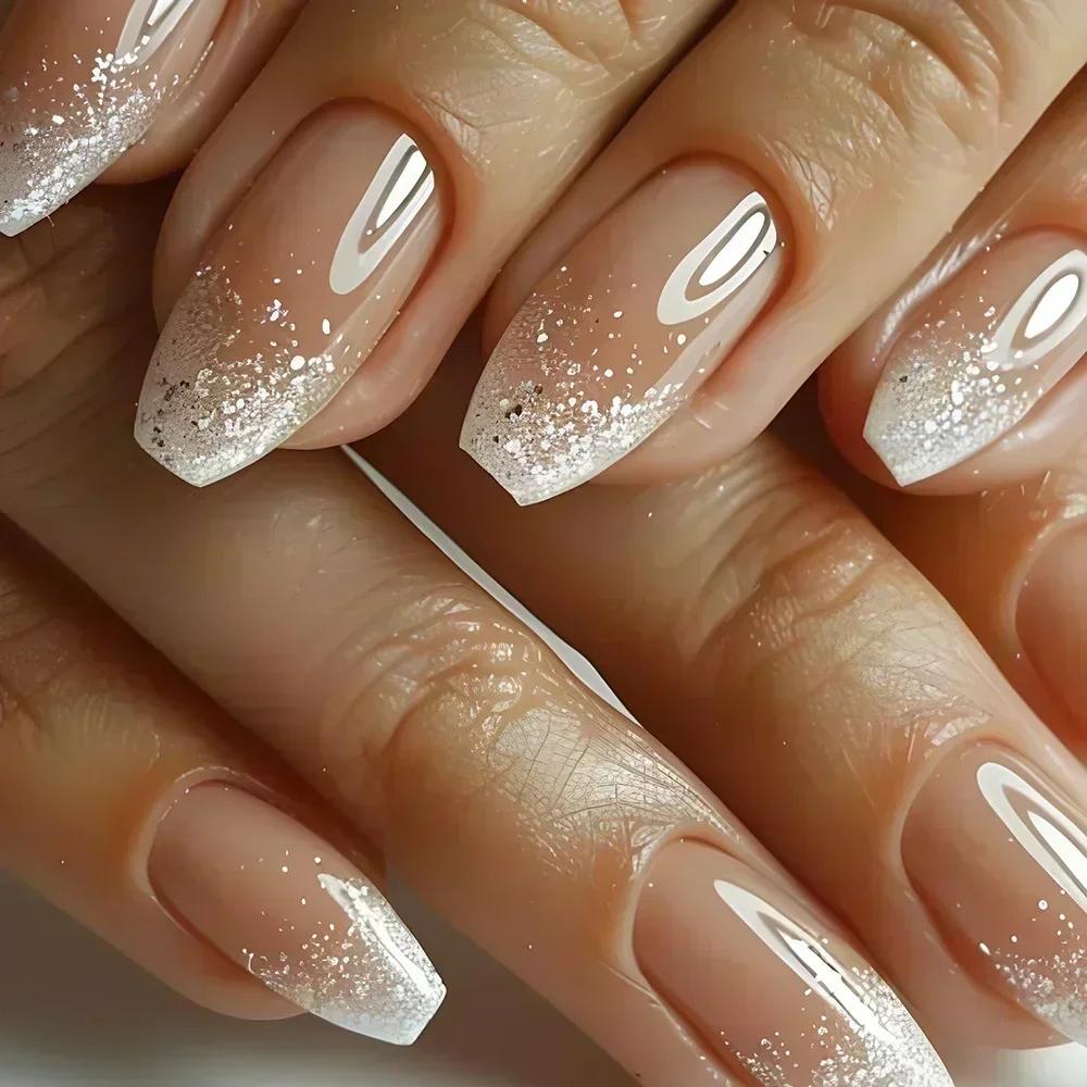 24Pcs Medium Short Square White Silver Glitter French Tip Press On Nails Full Cover Fake Nail Art Tips