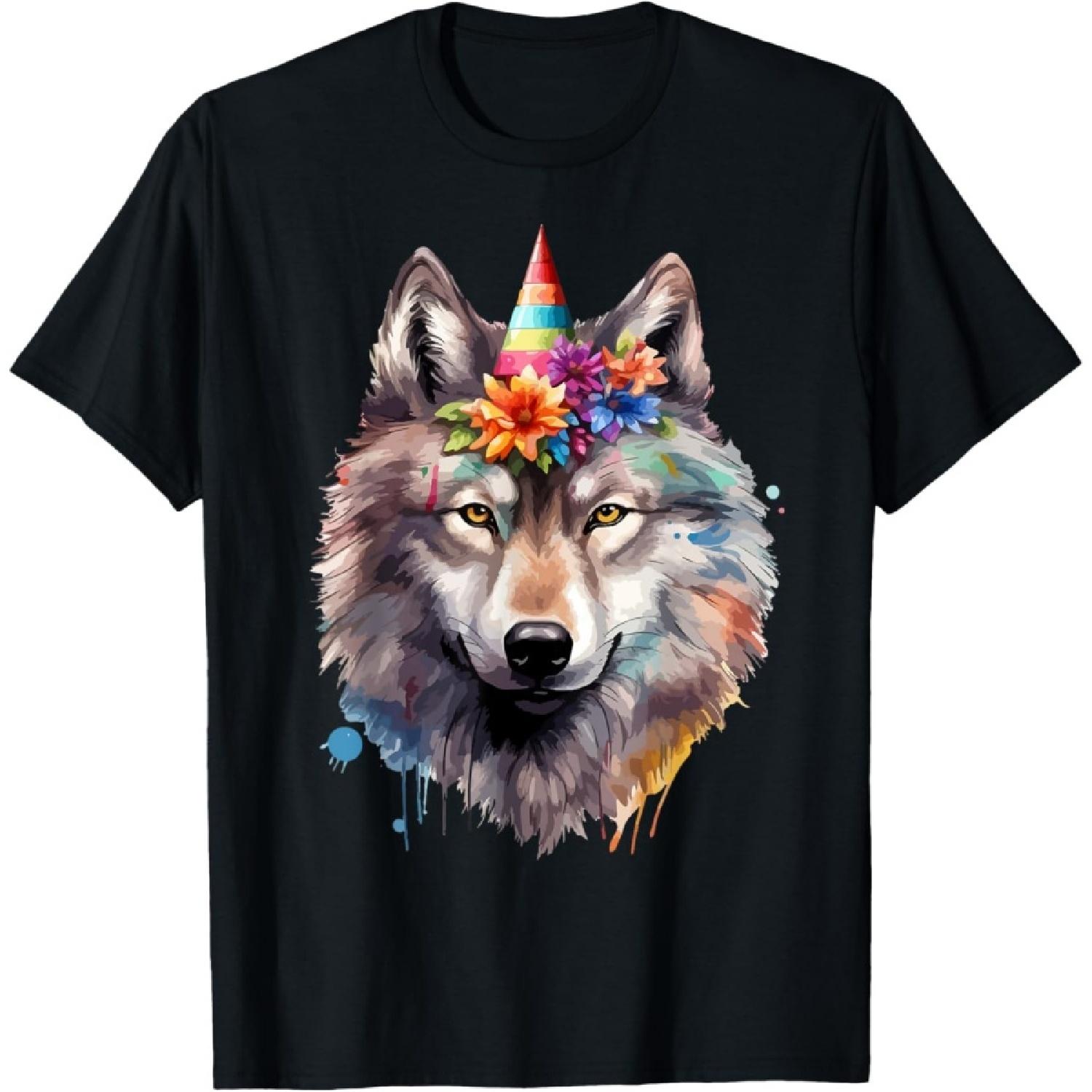 Wolf Party Portrait Birthday Themed Watercolor Wolves Lover T-Shirt S