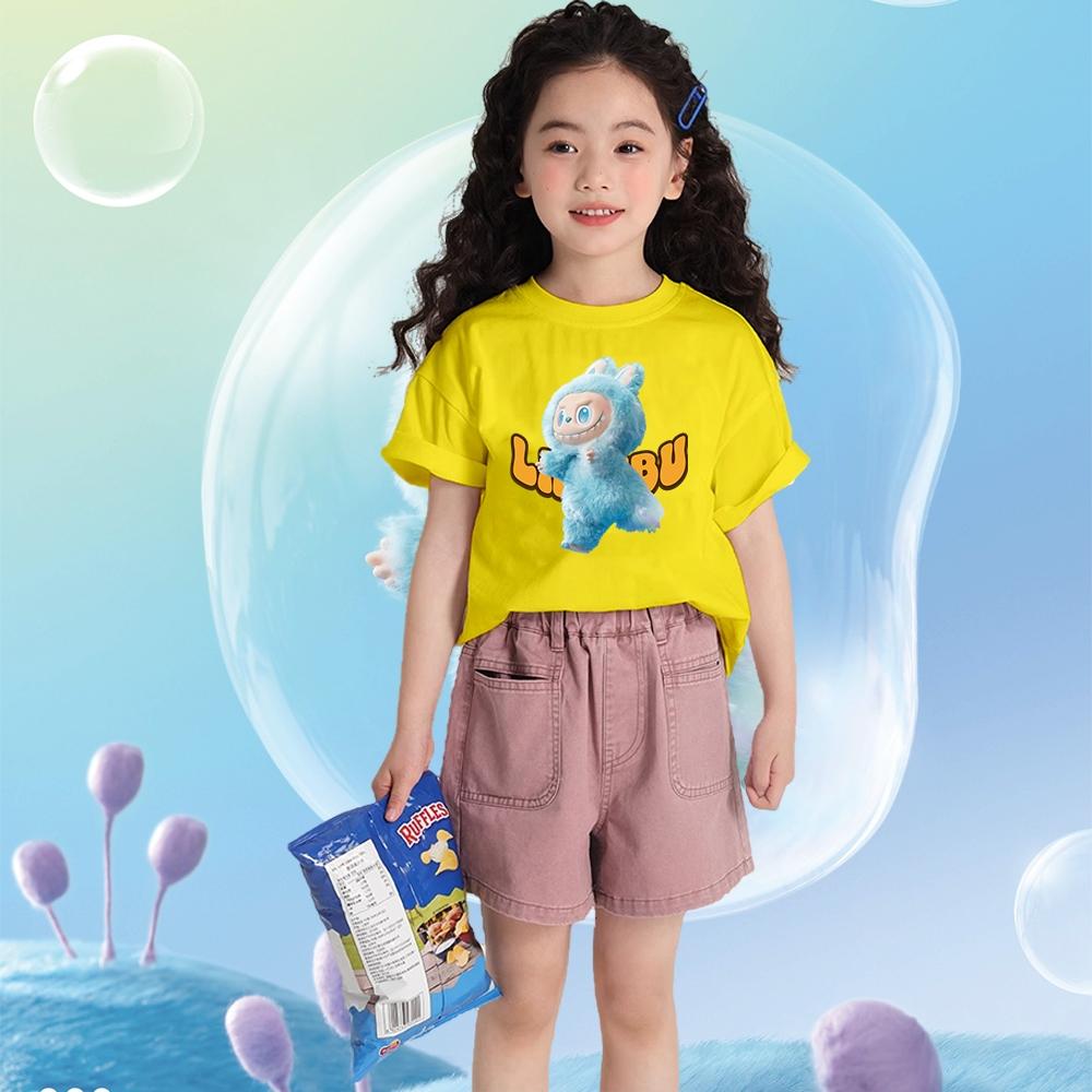 Labubu Printed T-shirt for Girls Summer Korean Cartoon Pattern Round Neck Short Sleeved Popular Children's Top