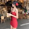 Petite French Red Floral Lace-up A-line Sling Dress