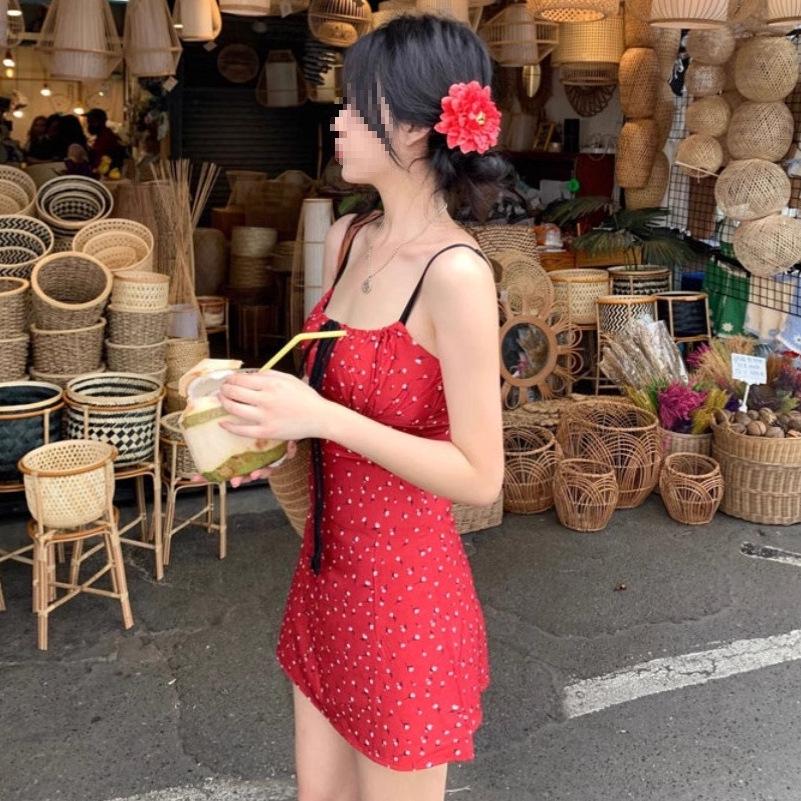 Petite French Red Floral Lace-up A-line Sling Dress