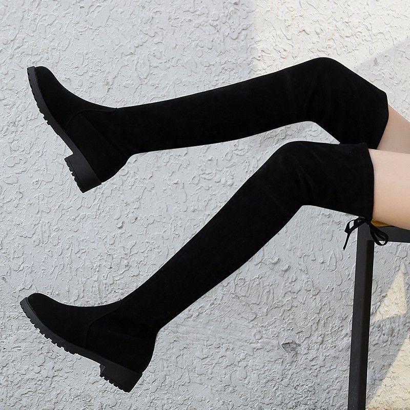 Autumn Winter Black Elegant Middle Heel Thigh High Boots for Women  New Elastic Round Toe Above Over The Knee Shoes Woman