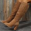 Women Retro High Heels Boots Western Cowboy Chunky Shoes  Winter New Warm Plush Leather Knee High Long Suede Boots 2025