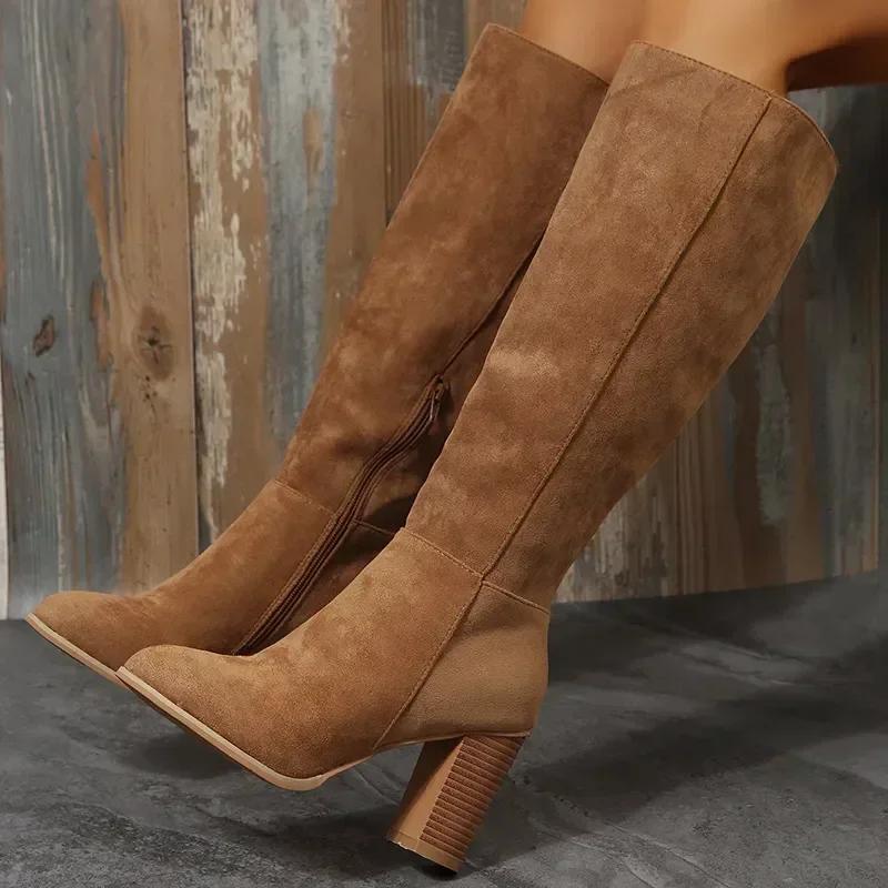 Women Retro High Heels Boots Western Cowboy Chunky Shoes Winter New Warm Plush Leather Knee High Long Suede Boots 2025