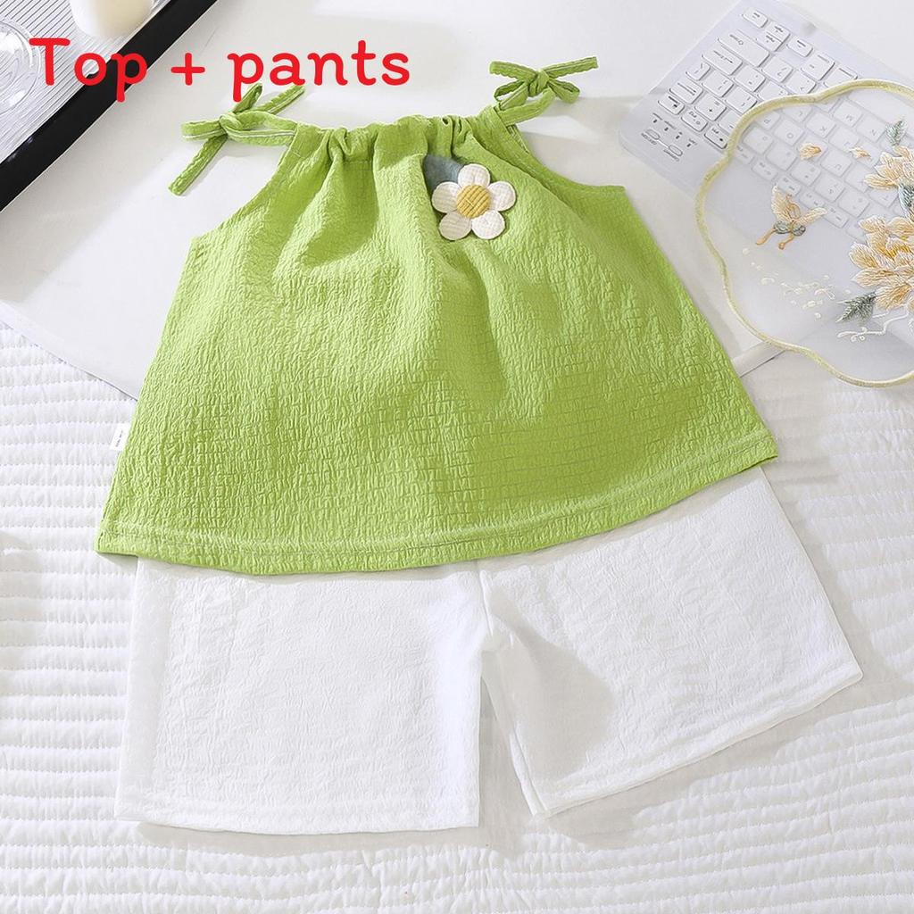 Summer Girl Floral Sleeveless Twopiece Set With Soft Polyester Fabric For Kids