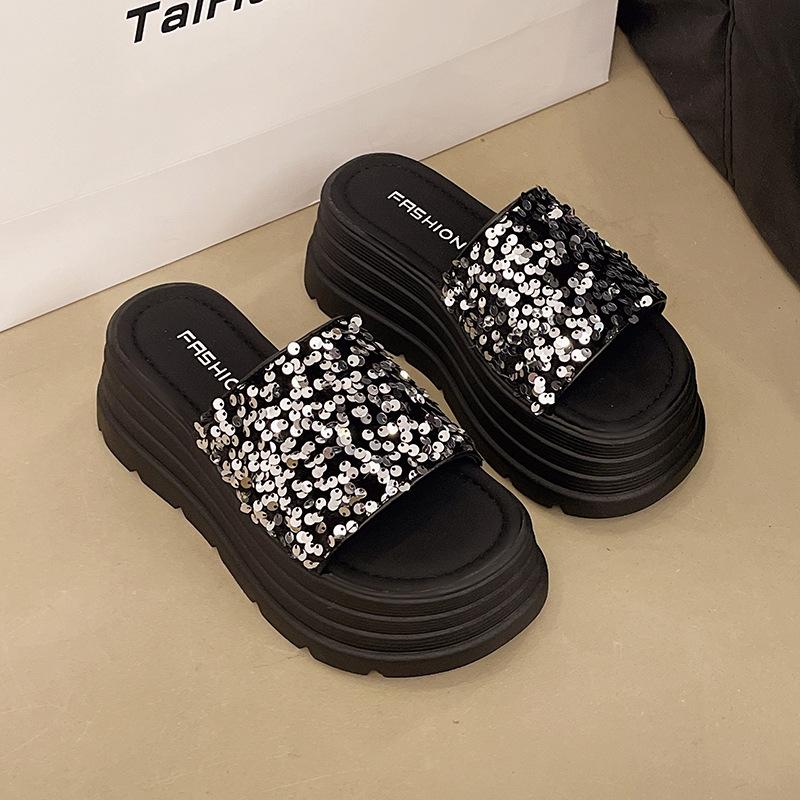 Thick-soled heightening slippers women's summer outer wear 2025 new versatile sequined one-word drag fairy sandals tide