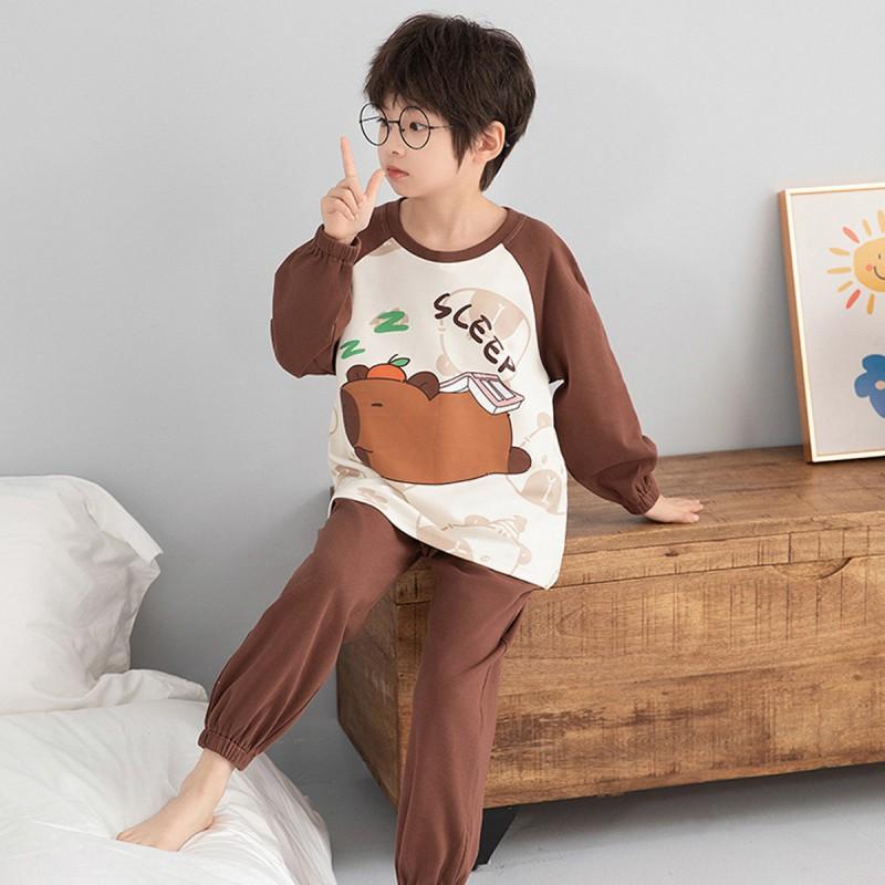 100% Combed Cotton Boys Pajama Set Long Sleeve Cartoon Print Sleepwear Teens 8 Years Lightweight Home Wear