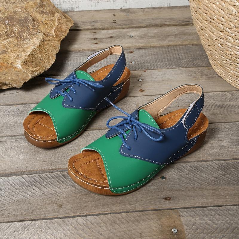 Color-blocked Large-sized Sandals Women's Thick-soled Shoes Wedge Heels Lace-up Velcro Beach Flip-flops
