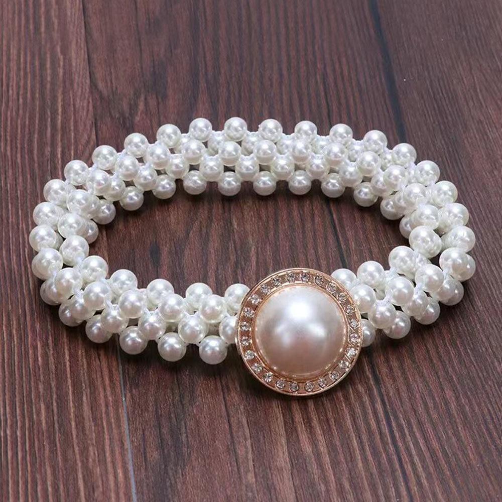 Ladies' Elastic Rhinestone Waist Chain Thin Drawstring Belt Fashion Pearl Waist Belt  For Women