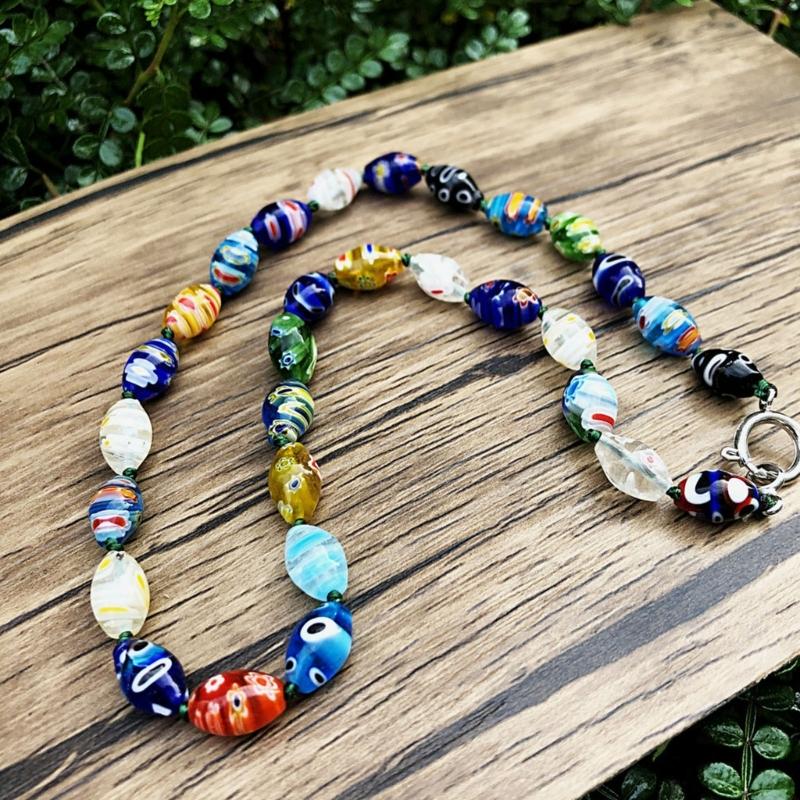 Muranos Style Blown Glass Beaded Necklace for Women Colorful Opal Beads Collarbone Chain Unique Handmade Neck Jewelry
