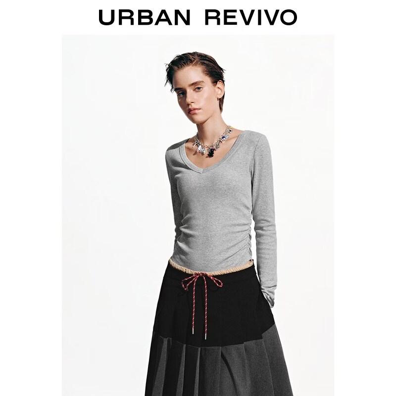 UR2026 Women's V-Neck Pleated Slim Long-Sleeve T-Shirt