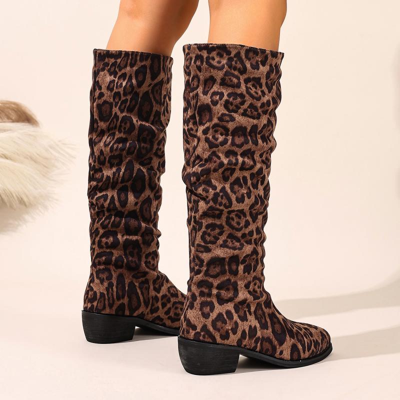 Sexy Leopard Suede Knee Boots Women 2025 Autumn Pointed Toe Medium Heel Slip On Long Boots Brand Design Soft Pleated Boots