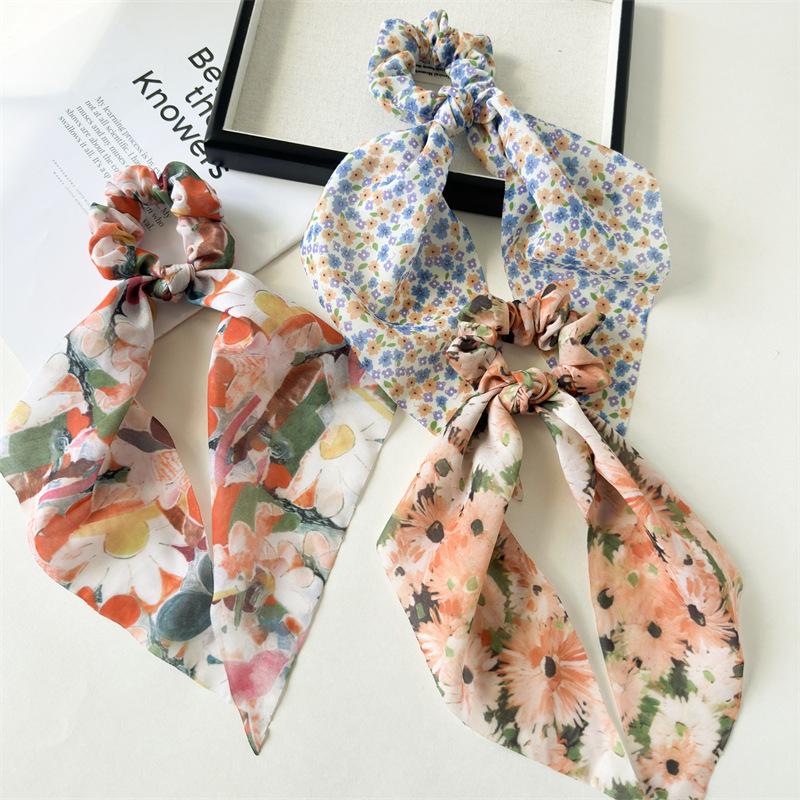 Artistic Oil Painting Style Ribbon Scrunchies Colorful Floral Print Hair Ties With Long Streamer Elegant Headwear For Art Lovers