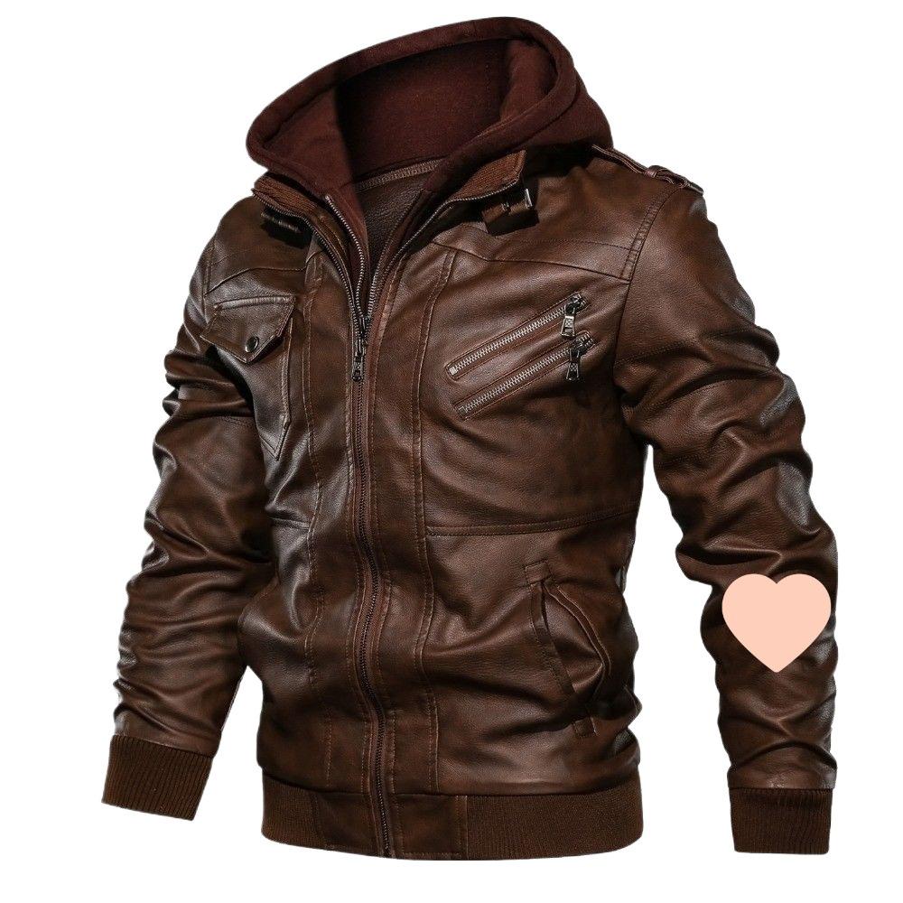 Men's Trendy Hooded PU Leather Jacket - Removable Hat, Plus Size, Casual Motorcycle Outerwear for All Ages