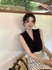 Hong Kong style retro high-end brown V-neck linen knitted vest women's summer thin outer wear sleeveless temperament top