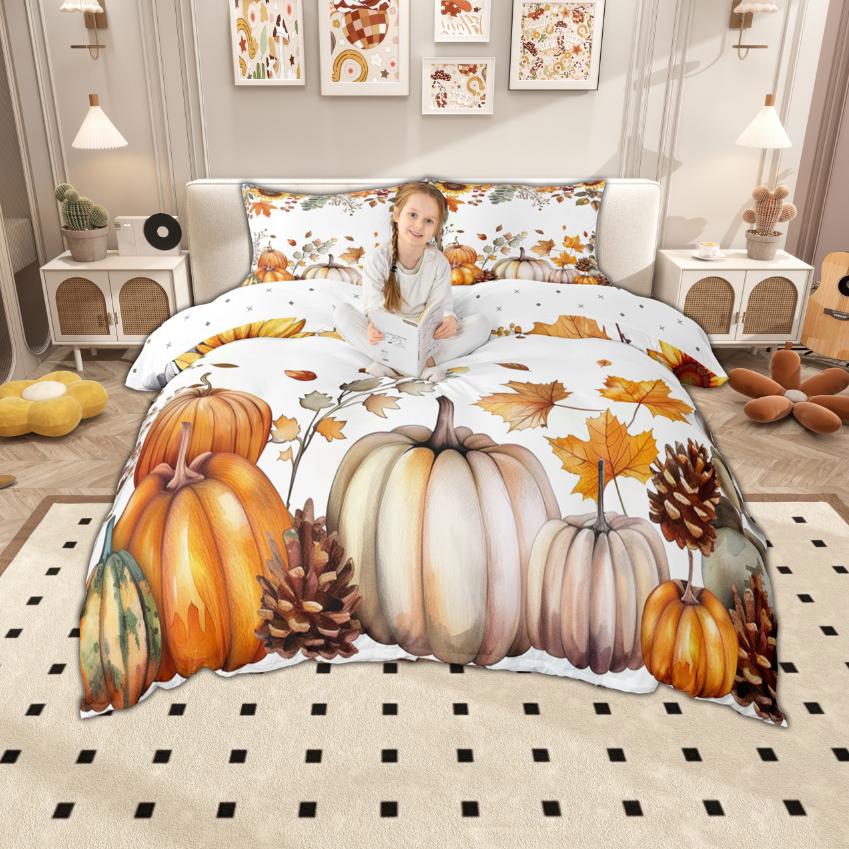 

Homewish Hello Fall Autumn Duvet Cover Set, Harvest Season Pumpkin Bedding Set, Botanical Maple Leaves Bed Set DE XS 100x135cm 2pcs&set