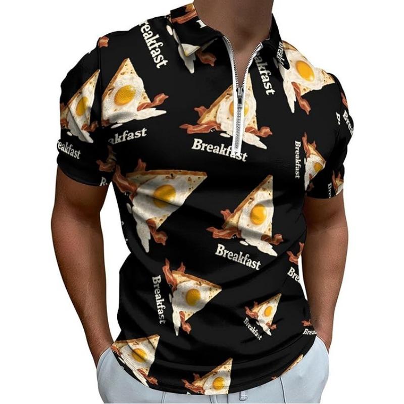 

Breakfast Bacon Eggs Cheese Mens Zip Up Polo Shirts Casual Short Sleeve Golf Collared Shirt Slim Fit Tee Top 5XL