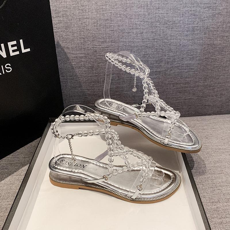 

French sandals women s summer new outer wear temperament women s fairy style with skirt silver low-heeled rhinestones 40 срібний