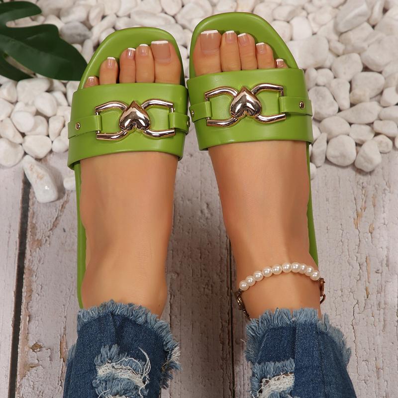 Papuci de damă clasici și eleganți, la modă nouă, cu decorație metalică, sandale plate cu vârf pătrat, versatile, în culoare uni, pentru Ziua Îndrăgostiților