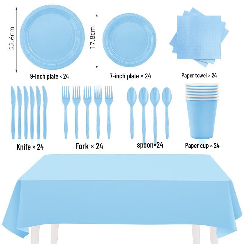 Solid Color Tableware Set: Light Blue Plates, Cups, Napkins & Tablecloth - Disposable Party Supplies