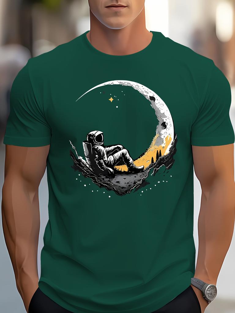 Men's summer 100 cotton fashionable casual loose plus size landing moon pattern printed sports round neck short sleeved T-shirt
