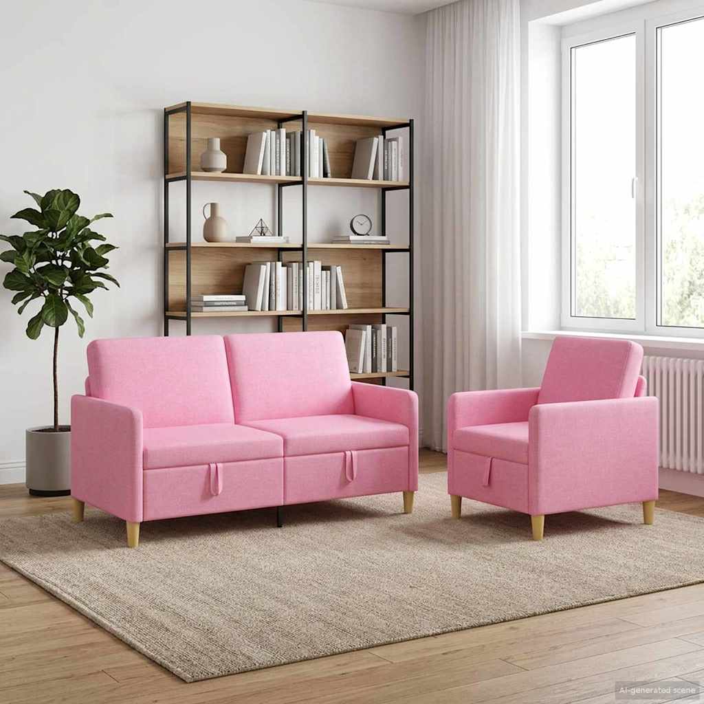 2 Piece Storage Sofa Set in Pink Polyester