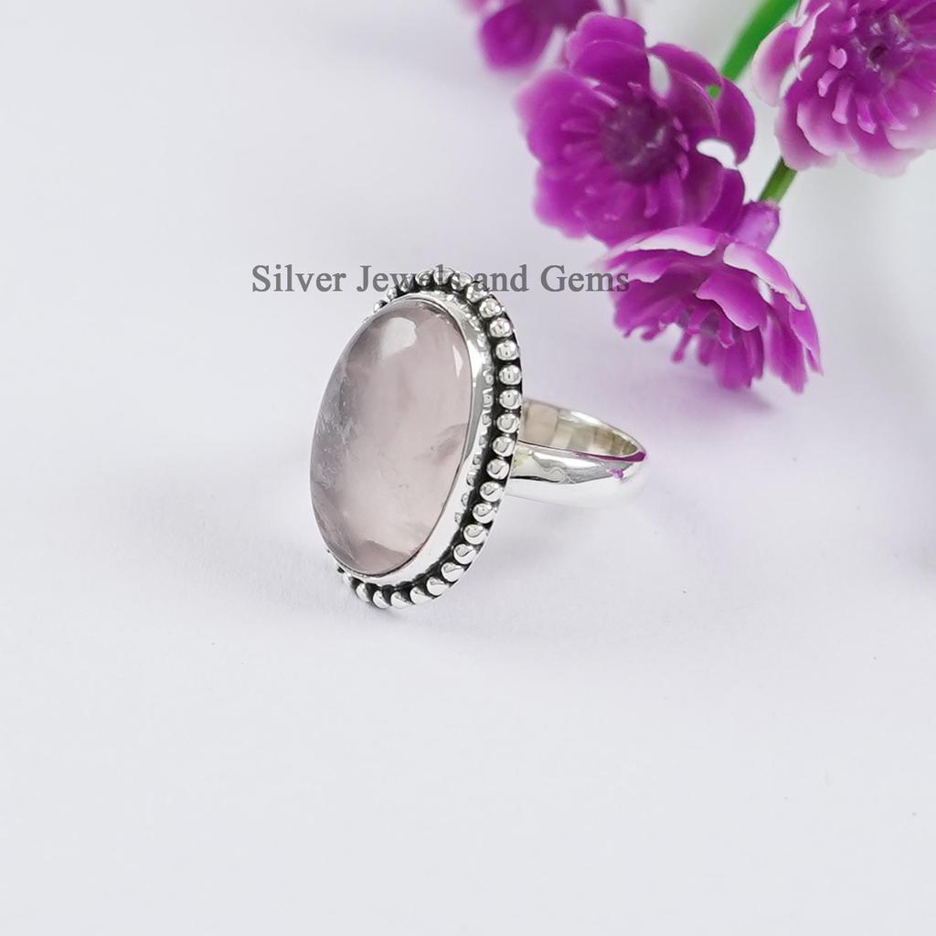 Rose Quartz Ring, 925 Sterling Silver Ring, Oval Ring, Gift for Mom, Capricorn Birthstone, Pink Gemstone Ring, Handmade Boho Ring