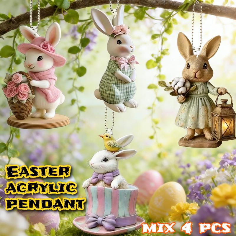 Easter Cute Bunny Acrylic 2D Pendant Keychain Accessory  For Car Rear View Mirror Backpack Porch Decoration Craft Gift