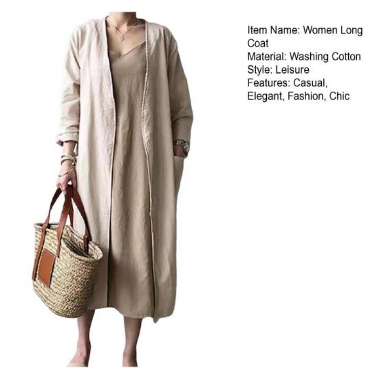 Summer Women's Long Trench Coat Cotton V-Neck Cardigan Sun Protection Long Sleeve Jacket Causal Outwear Robe